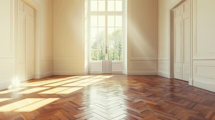 Poster - A minimalist empty room with wood floors and a large window. Suitable for interior design concepts