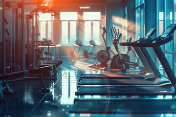 Poster - A row of tread machines in a gym. Ideal for fitness and health concepts