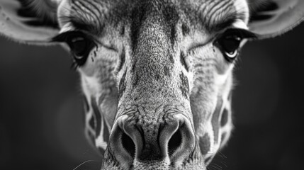 Poster - Detailed black and white close-up of a giraffe's face. Suitable for educational materials or nature-themed designs
