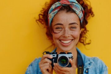 Poster - Woman holding a camera in front of a bright yellow wall, suitable for photography or art concept