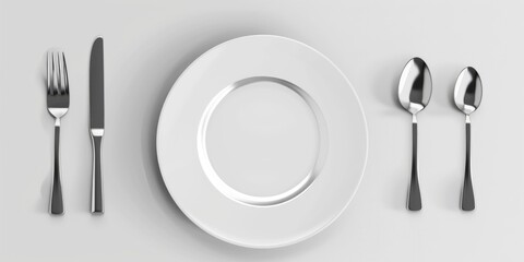 Poster - A white plate with a fork, knife, and spoon. Ideal for food-related designs