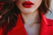 Close up of a woman wearing red lipstick, perfect for beauty and makeup concepts