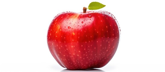 Sticker - A red apple with a green leaf, a popular fruit and superfood, displayed on a white background. Apples are natural foods and considered a staple food