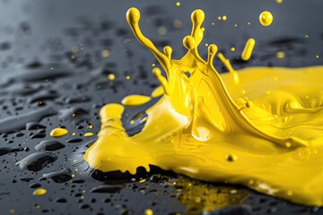 Poster - Bright yellow paint splash on a dark black background. Perfect for artistic and creative projects