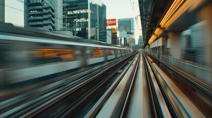 Poster - A blurry image of a train moving down the tracks. Suitable for transportation themes