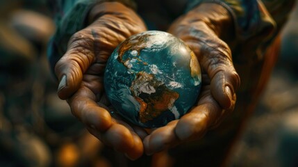 Poster - Person holding a small earth globe, suitable for environmental concepts