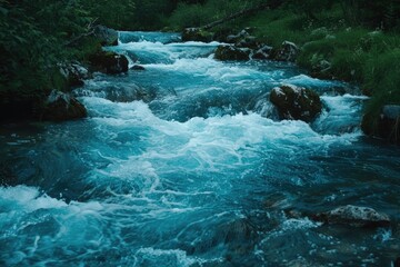Poster - A serene river flowing through a vibrant green forest. Suitable for nature and travel concepts
