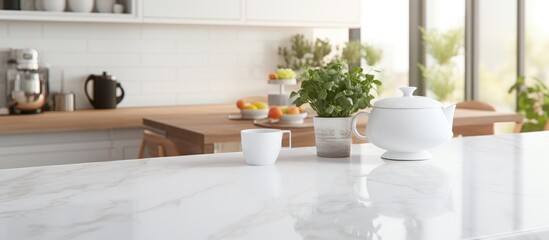 Canvas Print - A kitchen with a white countertop and a potted plant on a wooden table, surrounded by hardwood flooring. The houseplant adds a touch of green to the room