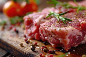 Canvas Print - Close up of raw meat on wooden cutting board. Suitable for food and cooking concepts