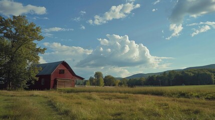 Poster - A picturesque red barn standing in a beautiful field, perfect for rural and farm-themed designs