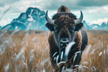 Aufkleber - A bison standing in a field with mountains in the background. Perfect for nature and wildlife concepts