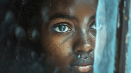 Aufkleber - A close up of a child looking out a window. Suitable for various concepts and projects