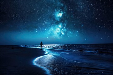 Poster - A person standing alone on a beach at night. Suitable for various design projects