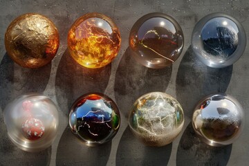 Poster - Colorful glass marbles on a wooden table. Ideal for product display or children's game concepts