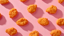 Sunny Chicken Nuggets On A Pink Backdrop With Playful Shadows. Bright Pattern Of Crispy Nuggets Over A Soft Pink Surface. Chicken Nuggets Casting Shadows On A Pastel Background