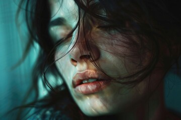 Poster - Close up of a woman's face with her eyes closed. Suitable for various concepts and projects