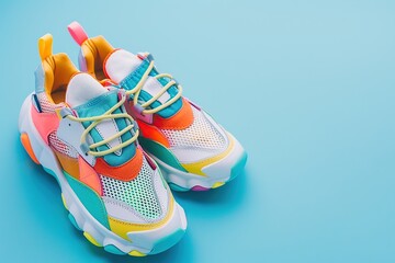 Pair of modern colorful sport shoes on blue background