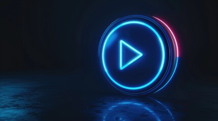 Poster - A glowing blue play button in the dark. Suitable for technology and entertainment concepts
