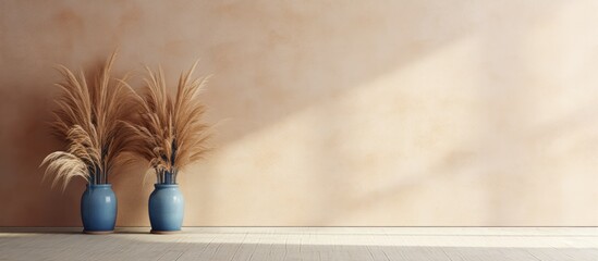 Canvas Print - Two plantfilled vases are displayed on a wooden table in front of a hardwood wall. Dried flowers peek out, adding a fawn touch to the artful decor