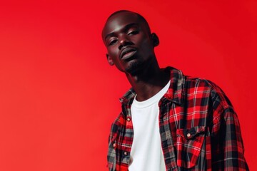 Poster - A man wearing a red and black plaid shirt, versatile image for various projects