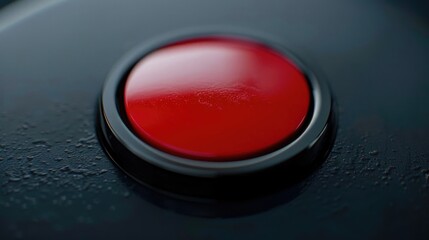Poster - A close up of a red button on a black surface. Suitable for technology and control concepts