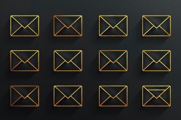 Poster - A set of golden mail envelopes on a black background. Ideal for business and communication concepts