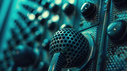 Poster - A detailed shot of a microphone on a stand. Perfect for music or podcasting concepts