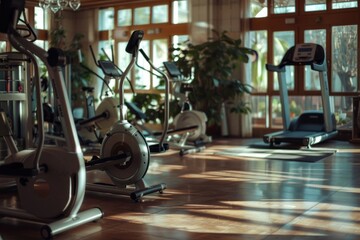 Poster - Row of stationary exercise bikes in a gym. Ideal for fitness and health concepts