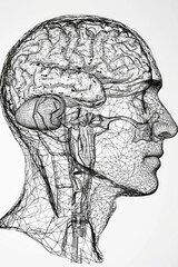 Poster - Detailed drawing of a man's head and brain, suitable for educational materials
