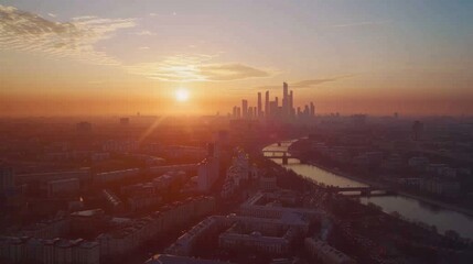 Poster - Urban landscape with sun setting over city buildings, ideal for cityscape backgrounds