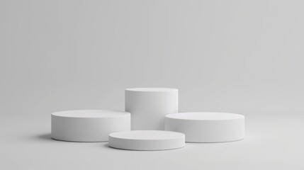Poster - Three white pedestals on a neutral gray background. Ideal for product showcasing