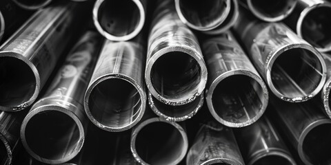 Poster - A pile of metal pipes stacked on top of each other. Suitable for industrial concepts