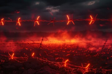 Aufkleber - Barbed wire fence illuminated with red lights, suitable for security concepts