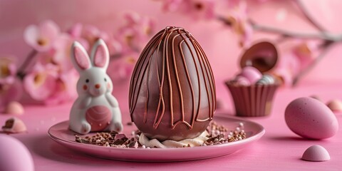 Wall Mural - On a plate in the kitchen a chocolate Easter egg with freshly prepared cream. Chocolate egg on pastel background for Easter celebration.