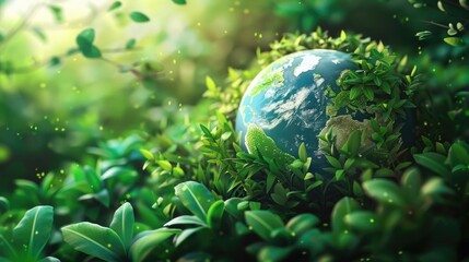 Aufkleber - A green globe surrounded by lush plants and trees. Ideal for environmental concepts