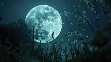 Aufkleber - Full moon in the night sky with grass and flowers. Suitable for nature and night sky themes