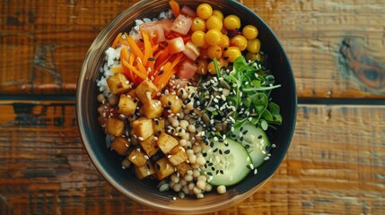 Poster - Fresh vegetables and rice in a bowl, perfect for healthy eating concepts