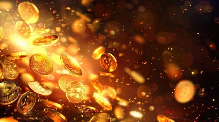 Poster - A pile of gold coins falling from the sky. Suitable for financial concepts