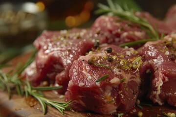 Poster - Close up of raw meat on a wooden cutting board. Perfect for food and cooking concepts