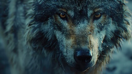 Poster - A detailed view of a wolf's face with a blurred background. Perfect for wildlife enthusiasts