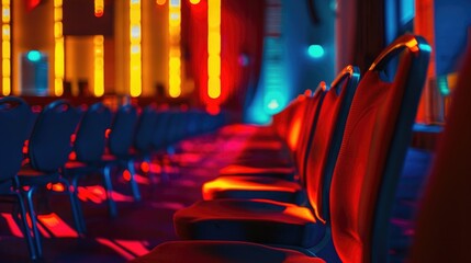 Poster - A row of empty chairs in a brightly lit room, suitable for various concepts
