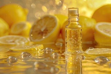 Poster - Close up of a liquid bottle with lemons in the background. Suitable for food and beverage concepts
