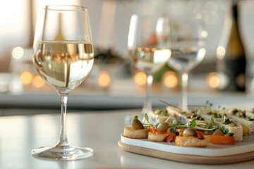 Aufkleber - A plate of food and a glass of wine on a table, perfect for restaurant or dining concept