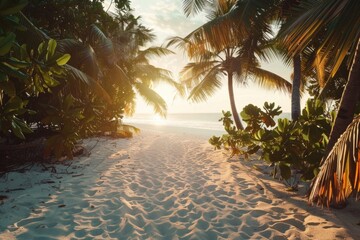 Aufkleber - A beautiful sandy beach with palm trees and a path leading to the ocean. Perfect for travel and vacation concepts