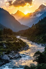 Poster - Scenic view of a river flowing through a lush green valley, ideal for nature themes