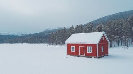 Poster - a small red house in the middle of a snow covered field with a mountain in the background.