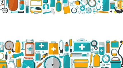 Wall Mural - a group of medical items are arranged in a horizontal pattern on a white background with a place for the text.