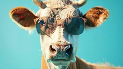 Poster - Close up of a cow wearing sunglasses, perfect for summer-themed designs