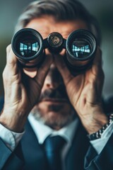 Poster - A man in a suit looking through a pair of binoculars. Suitable for business concepts