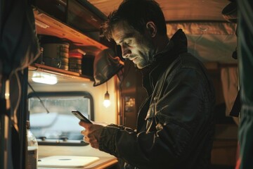Poster - A man focused on his cell phone. Suitable for technology concepts